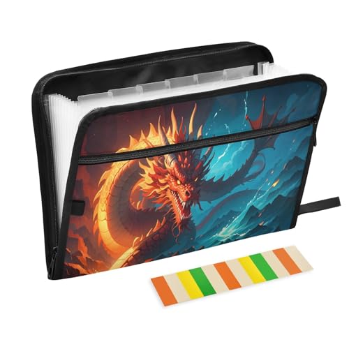 Dragon Water and Fire Anime 13 Pocket File Organizer Expanding File Folder with Front Pouch Portable Business File Storage Document Organizer Folder with Zipper - color: Dragon Water and Fire Anime