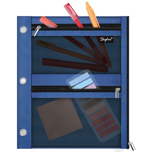 SKYDUE 3 Ring Pencil Pouch for Binder, Zipper Binder Pencil Pouch with 3 Pockets and Mesh Window, Durable Organizer for School Supplies, Cables, Earbuds, Makeup - color: Darkblue