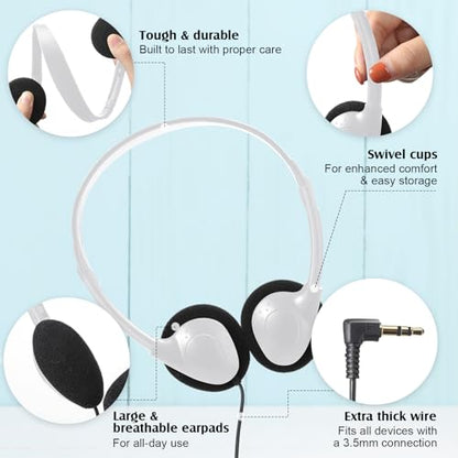 Flutesan 20 Pack Headphones Bulk Libraries Wired on Ear Headphones Over The Head Earphones for Boys Girls Adults(White) - color: White