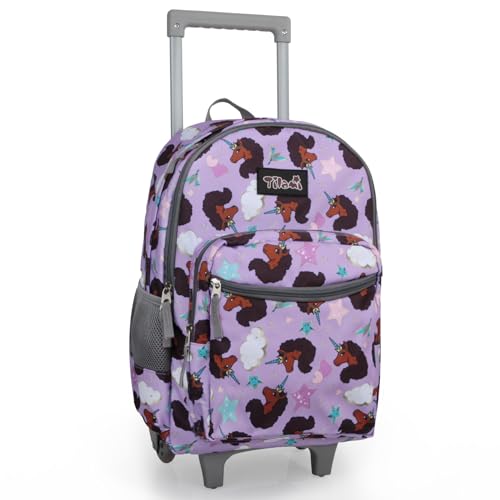Tilami Rolling Backpack for Kids 18 Inch Double Handle Wheeled Bookbag for Boys & Girls for School & Travel,Brown unicorn - color: Brown Unicorn