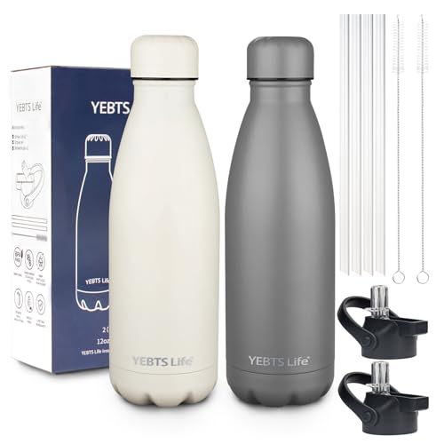 Insulated Water Bottle, 2 Pack-12oz Stainless Steel Water Bottles with straw lid, Metal Sports Water Bottles for Boys,Girls, Double Wall Vacuum BPA-Free Flask for Sports (Grey&Cream white) - color: Grey-Cream white, size: 12 Ounces