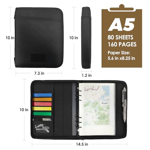 Tactical Notebook Cover, A5 Padfolio 6 Ring Binder with Big Back Pocket & Hand Strap, Zippered Hardcase Planner for Journal, College, Office, Field (Black, A5(7.3 x 10 inches)) - color: Black, size: A5