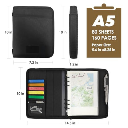 Tactical Notebook Cover, A5 Padfolio 6 Ring Binder with Big Back Pocket & Hand Strap, Zippered Hardcase Planner for Journal, College, Office, Field (Black, A5(7.3 x 10 inches)) - color: Black, size: A5