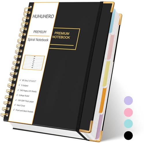 Huhuhero 5 Subject Notebook, 240 Pages Lined Spiral Journal College Ruled, 7.6" x 10.5” B5 Hardcover Journaling Notebooks for Work Note Taking, College School Supplies, Black - color: Black