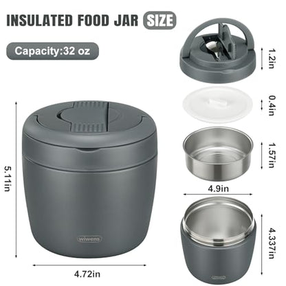 wiwens Thermo Food Jar for Hot Food Adults 32OZ Soup Thermo Lunch Containers Wide Mouth Vacuum Insulated Stainless Steel Leakproof Bento Box with Spoon (Grey) - color: Gray