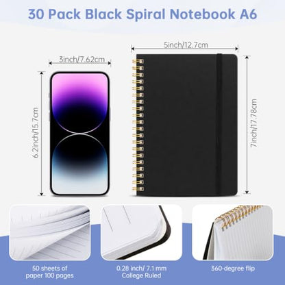 Watersay 30 Pcs Small Spiral Notebooks A6 with Straps, Multicolor 5" x 7" Pocket Notebooks Mini Lined Journals 50 Sheets for Back to School Supplies Students Rewards Office Gifts (Black) - color: Black