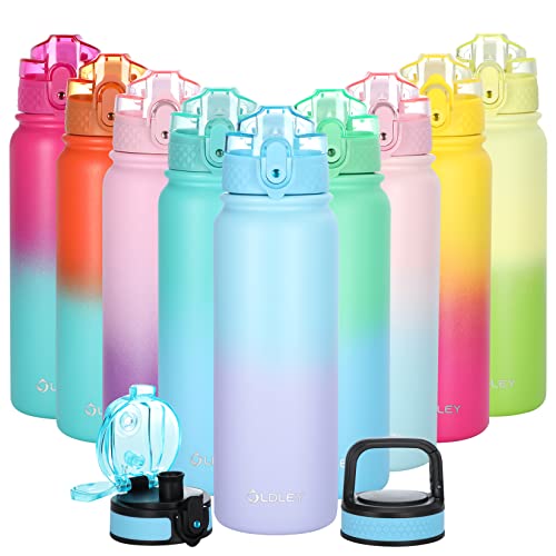 Oldley Insulated Water Bottle with Straw 20oz Stainless Steel Water Bottles with 3 lids Double-Wall Vacuum Thermal for Kids Adults School Sports, Blue-purple - color: Blue-purple, size: 20 Ounces