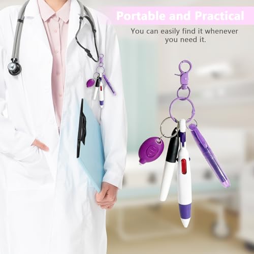 5 Pcs Nurse Accessories Pen Set, Nursing Essentials Include Badge Keychain Clip, Mini Highlighter, Permanent Marker, Ballpoint Pen and LED Keychain Flashlight, purple - color: Purple