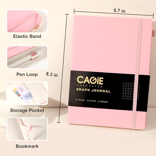 CAGIE Graph Paper Notebook 320 Pages 100 GSM Graphing Grid Journal B5 Hardcover Leather Quad Ruled Notebooks for Engineering, Math, Work, Pink - color: Pink, style: Graph A5