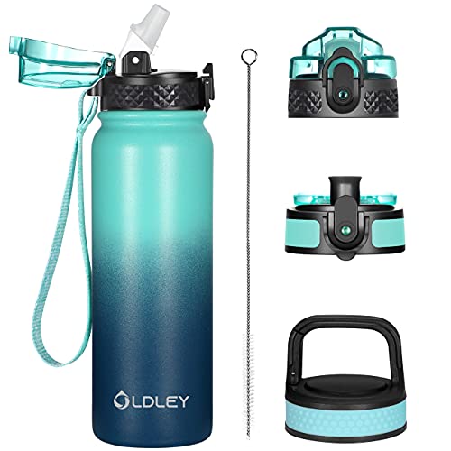 Oldley Insulated Water Bottle 20oz for Adults Kids Stainless Steel Water Bottles with Straw/Chug/Carabiner 3 Lids Fruit Strainer Double Wall Vacuum Wide Mouth BPA Free Leak-Proof for School Travel - color: Caribbean Blue, size: 20 Ounces