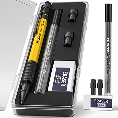 Nicpro 1.3 mm Mechanical Pencil Set with 12 Lead Refill, Eraser - Weatherproof Metal MP2000 Heavy Duty Carpenter Pencil for Outdoor Marking Drafting Drawing Sketching Woodworking - with Case - style: 1 Pack (Yellow)