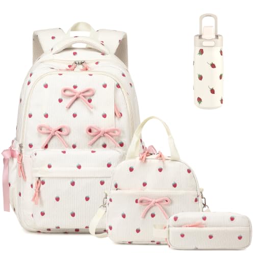 Backpack for Girls, Corduroy 4PCS Bow Girls Backpack with 14oz Insulated Water Bottle, Lunch Bag & Pencil Pouch, Lightweight School Bag Set for Kids Teen Elementray Middle School Student - color: Beige Strawberry
