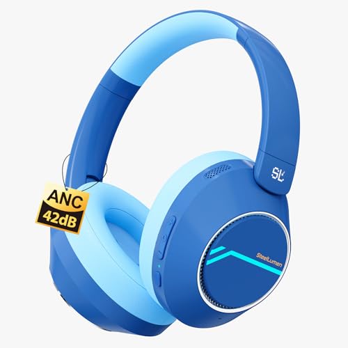 Steellumen Nova1Pro Active Noise Cancelling Headphones for Kids, 3-Level Safe Volume 75/85/94dB, ANC Safe Wireless Listen, Fast Charging, Bluetooth 5.4 with Mic, boy Girl for School, Travel & Airplane - color: Blue