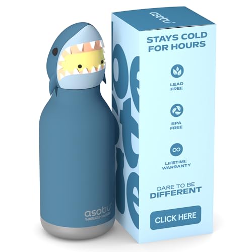 asobu Bestie Bottle Limited Edition Collectible Kids Water Bottle with Animal Character Lid 16oz (460ml) Insulated Stainless Steel, Leakproof, Reusable with Straw Fun Gift for Girls & Boys - color: HURLEY THE SHARK