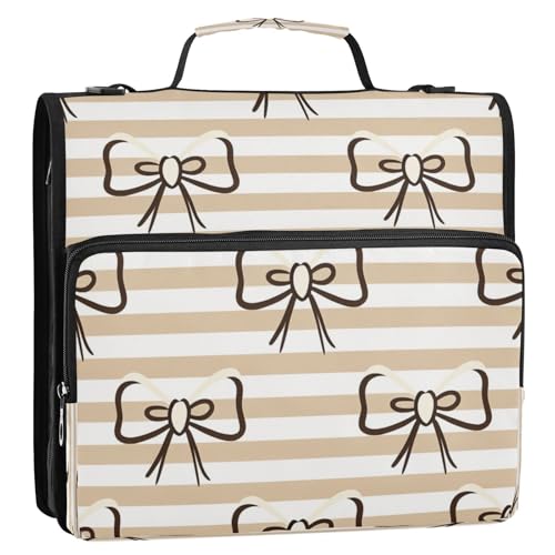 Beige Stripes with Bows Zipper Binder 3 Ring 1.5 inch D-Ring Binder Multiple Storage Pockets Expanding File Folder Document Organizer - color: Beige Stripes Bows