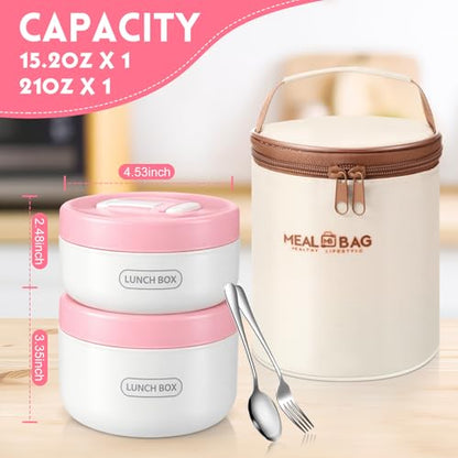 Dandat 2 Pcs Portable Insulated Lunch Containers Thermal Bento Box with Bag Fork Knife Stainless Steel Lunch Box 15.2 oz 21 oz Separate Stackable Food Jar for Adult Men Women(Pink) - color: Pink