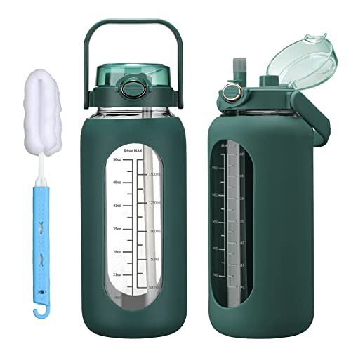 chunmo 42oz/52oz/64oz Glass Water Bolttles with Straw Half Gallon Large Motivational Water Bottle with Time Marker Sports Water Bottles with Silicone Sleeve and Handle Lid Water Jug for Gym Workout - color: Dark Green, size: 52 Ounces