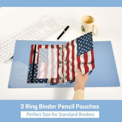 Gredecor 3 Ring Binder Pencil Pouch, American Flag Wooden Pattern-2 Zippered Pen Case Pouches with Clear Window, 2 Pack Stylish Office & School Supplie - color: American Flag Wooden Pattern-2