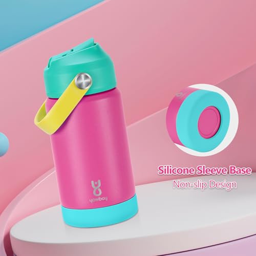 Kids Insulated Water Bottle with Straw Lid & Silicone Handle,12oz Kids Leak Proof Water Bottle for School Boys Girls,Double Wall Vacuum Stainless Steel with Non-slip Silicone Base(Rose Pink) - color: Rose Pink, size: 12 Ounces