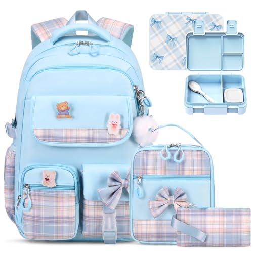 ACESAK Backpack for Girls - Bento Box with Insulated Lunch Bag Pencil Case & Utensils Set for Kids, 4 Leakproof Compartments Removable Tray Lunches or Snack Container for School (Blue) - color: Blue