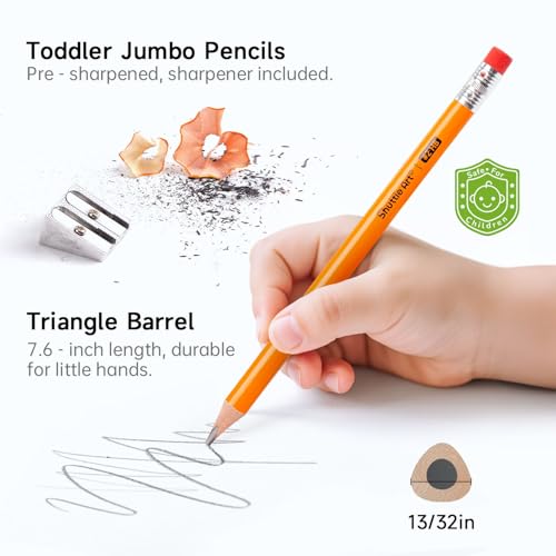 Shuttle Art Jumbo Pencils - 18 Pack Triangle Pre sharpened Pencils #2 HB with Top Erasers & Sharpener, for kids Ages 4-8, Kindergarten School Supplies, Ideal for Home, Classroom - size: 7.6 Inch