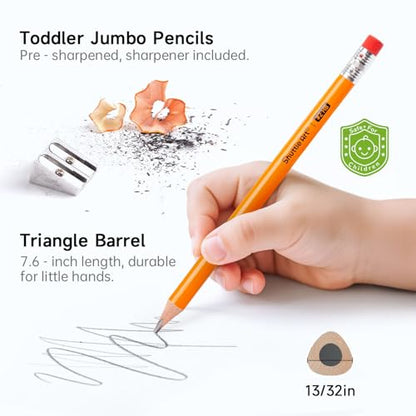 Shuttle Art Jumbo Pencils - 18 Pack Triangle Pre sharpened Pencils #2 HB with Top Erasers & Sharpener, for kids Ages 4-8, Kindergarten School Supplies, Ideal for Home, Classroom - size: 7.6 Inch
