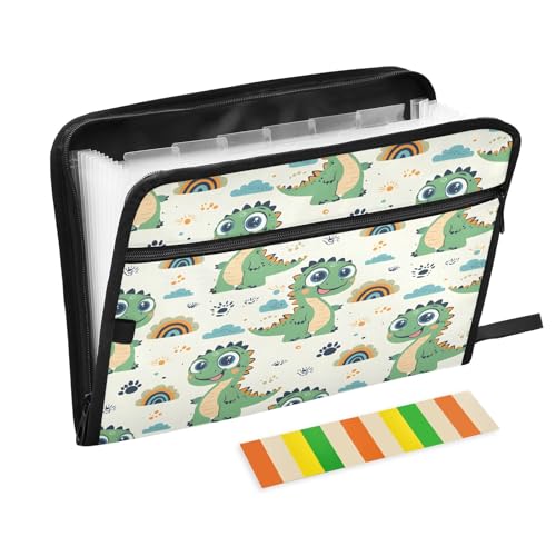 Green Dinosaur Rainbow Pattern 13 Pocket File Organizer Expanding File Folder with Front Pouch Portable Business File Storage Document Organizer Folder with Zipper - color: Green Dinosaur