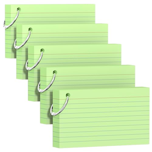 250 Count Green Index Cards 3x5 Inch with Key Ring, Color Flash Index Card (50 Sheets Each), Durable & Portable Note Taking for Students, Teachers, Study Note Cards for Office Home School - color: Green 5 Pack