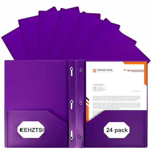 24-Pack Plastic Folders with Pockets and Prongs,2-Pocket Folders with 3 Fasteners, Holds 8-1/2" x 11" Paper for School/Office/Home, Purple - color: Purple, size: 24-Pack