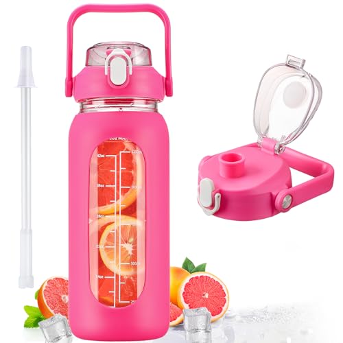 56oz Glass Water Bottles with Straw, Motivational Glass Bottle with Silicone Sleeve and Time Marker, Leakproof Large Glass Water Jug for Gym Home Office,Rose red - color: Rose red, size: 56 Ounces