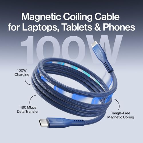 Statik MagStack Pro USB C to USB C Coiling Magnetic Charging Cable,100W | Nylon Braided Tangle-Free Design, Magnetic Coiling, Data Transfer, Compatible with iPhone & Android, 6FT Navy - color: Navy, size: 6ft, style: USB-C to USB-C