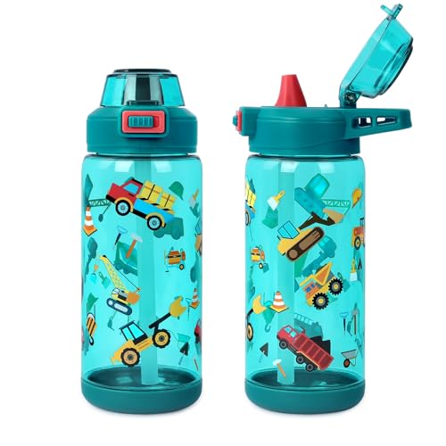 20oz Kids Water Bottle For School or Travel, Leak-Proof & Dishwasher, Durable Plastic Sport Water Bottle With Straw and Handle, Truck - color: Green truck