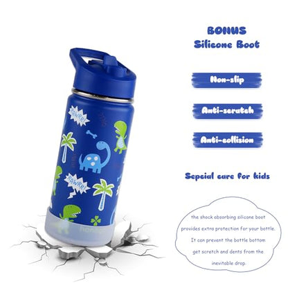 16 oz Stainless Steel Insulated Kids Water Bottle, Leak Proof Metal Thermal Flask with Straw lid, Cute Toddler Tumbler Cup for School Girls & Boys (Blue, Dino) - color: Blue, Dino