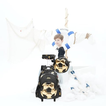 Kids Rolling Backpack Roller Backpack with Wheels Elementary Kindergarten School Students Football Trolley School Bag for School Boys - color: Football Black