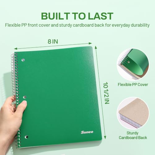SUNEE Spiral Notebook, 1-Subject, College Ruled Paper, 8" x 10-1/2", 100 Sheets per Notebook, 3-Hole Punched Paper, Water Resistant Cover, Double-sided Pockets, Dark Green - color: Dark Green
