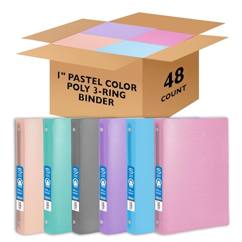 BAZIC Products 1" Pastel Color Poly 3-Ring Binder, 1 Pocket, 48-Case | round rings, 1 in pastel color poly 3-ring binder, 1 inside pocket, holds up to 175 sheets, Durable poly - color: Pastel, size: 48-Pack