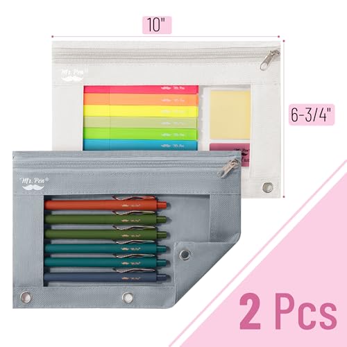 Mr. Pen- Pencil Pouch for 3 Ring Binder, 2 Pack, 10"x6.75", Smooth Zipper | Clear Window, Large Capacity Pencil Case with 3 Reinforced Grommets for School, Office, Supplies Storage | Clear Window, Large Capacity Pencil Case with 3 Reinforced Grommets for