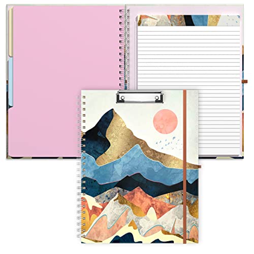 Rimilak Spiral Clipboard Folio with Refillable Lined Notepad, 14.5 x 9.8 In, Hardcover Cover with 5 Interior Pockets, Elastic Band and Pen Loop Series. Cute Stylish Clipfolio, Watercolor Sunset - color: Watercolor Sunset