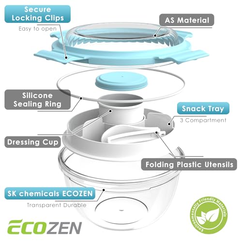 WHALEHOUSE 2-Pack 33 OZ Clear Eco-friendly SK chemicals ECOZEN Salad Container Sets, Portable Plastic Salad Bowls with Lid, Leak-Proof Dressing Container, Bento Lunch Box for Meal Prep & Food Storage - color: Blue-2 Pack