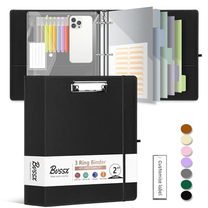 Leather 3 Ring Binder, 2 Inch Binders with Clipboards, 5-Tabs Pockets Dividers, 18 Divider Stikers, Plastic Folder, Pen Holder, Three Ring Binder with Pen Holder(Black, Letter Size) - color: Black, size: 2in（Letter Size）