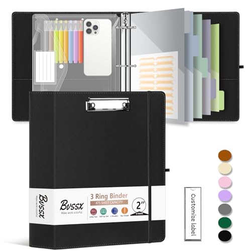 Leather 3 Ring Binder, 2 Inch Binders with Clipboards, 5-Tabs Pockets Dividers, 18 Divider Stikers, Plastic Folder, Pen Holder, Three Ring Binder with Pen Holder(Black, Letter Size) - color: Black, size: 2in（Letter Size）