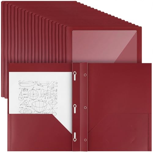 Teling 24pcs Heavy Duty Plastic Folders with Clear Front Pocket and Card Slot, 3 Prongs and 2 Pockets, Letter-Size, Reports Document Presentations Office Supplies, Back to School Gifts (Dark Red) - color: Dark Red