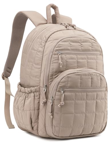 Bookbag for Women, Teen Girls Backpack for High School College Student, Puffer Quilted Back Pack Cute Laptop Backpack 17.3in for Work Travel Mom Casual, Camel - color: Camel, size: 17.3in