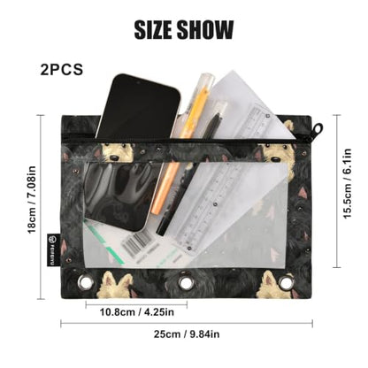 Gredecor 3 Ring Binder Pencil Pouch, Cute Black Scottish Terrier Dog (2) Zippered Pen Case Pouches with Clear Window, 2 Pack Stylish Office & School Supplie - color: Cute Black Scottish Terrier Dog (2)