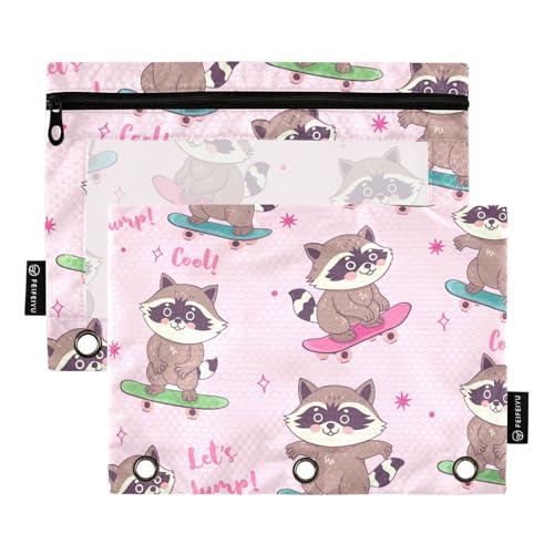 ZAZYXTJ Raccoon Binder Pencil Pouchs 3 Ring with Zipper Clear Window Office Organizers bag for School Students Teacher Supplies 2 Pack - color: Raccoon