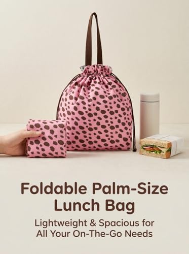 Reusable Lunch Bag,Canvas Drawstring Lunch Bag, Lunch Tote for Work, School, or Picnics, Lightweight & Waterproof, Keeps Food Fresh All Day(Pink Leopard Print) - color: Pink Leopard Print