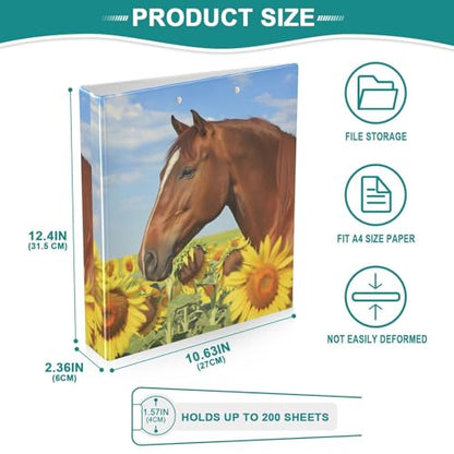 Fustylead Beautiful Horse in Sunflower Field and Blue Sky 3 Ring Binder, D-Rings 1.5" Hardcover Folder, Fits 200 Sheets of A4 Paper, Durable Clipboard & Clean View with Inside Pockets for School Home - size: 12.4x10.63x2.36 Inch-1 Pack