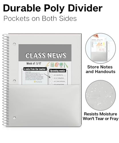 Dunwell 3-Subject Spiral Notebook, (Black) Plastic Cover, 150 Sheets (300 Pages) Wide Ruled 8x10.5 Paper, 3-Hole Punched Perforated Pages, 3 Divider Folders with Pockets - color: Black