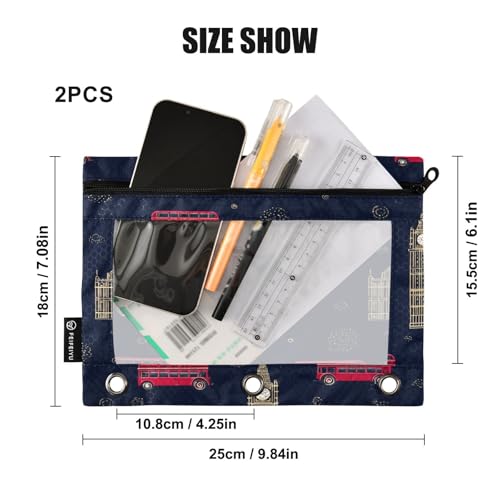 Pencil Pouch for 3 Ring Binder London City Theme Binder Pencil Case with Smooth Zipper Clear Window Pencil Case 2 Pack for Office School College Supplies - color: London City Theme