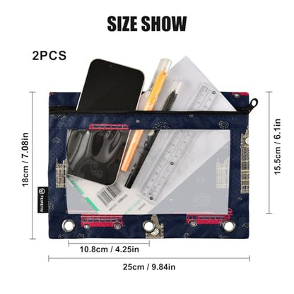 Pencil Pouch for 3 Ring Binder London City Theme Binder Pencil Case with Smooth Zipper Clear Window Pencil Case 2 Pack for Office School College Supplies - color: London City Theme